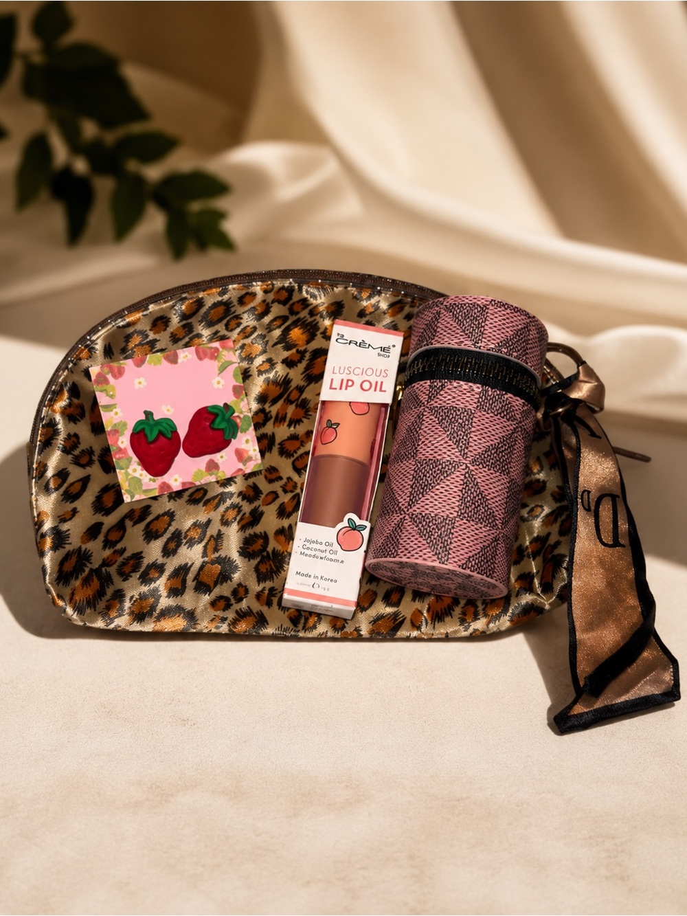 Leopard Print Beauty Bundle Lip Oil Strawberry Earrings Keychain Holder